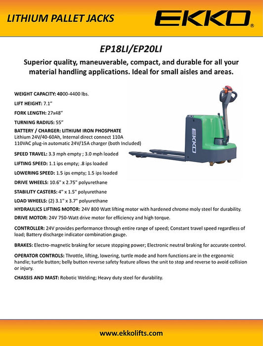 EKKO EP20Li | Lithium Iron Walkie Pallet Jack | 4400 lbs Capacity