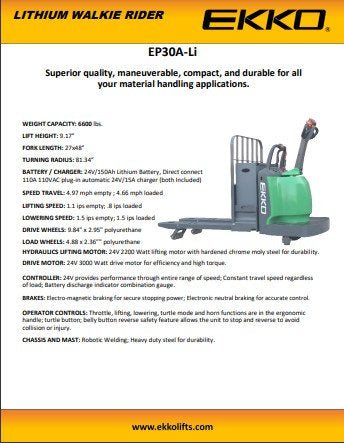 EKKO EP30A-Li | Lithium Rider Pallet Jack | 6600 lbs Capacity