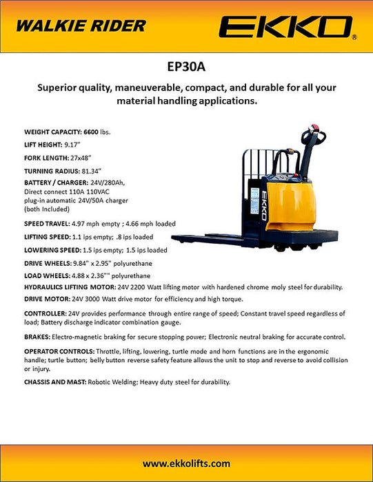 EKKO EP30A | Rider Pallet Jack | 6600 lbs Capacity