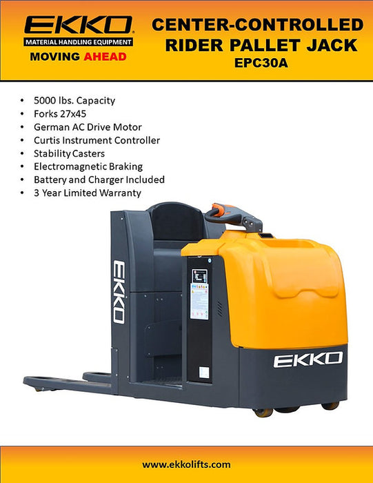 EKKO EPC30A | Center-Controlled Rider Pallet Jack | 5000 lbs Capacity