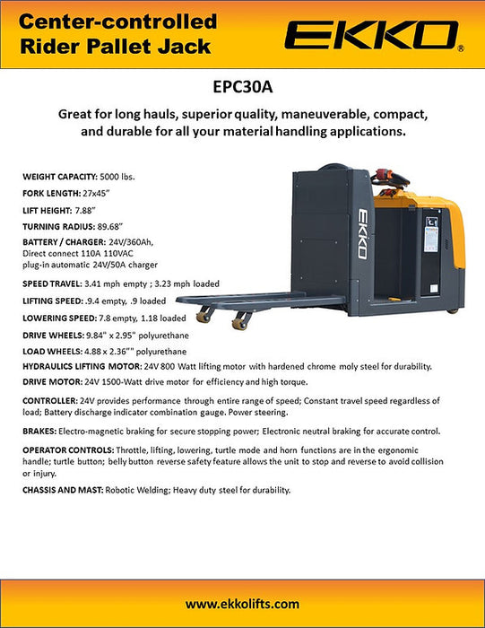 EKKO EPC30A | Center-Controlled Rider Pallet Jack | 5000 lbs Capacity