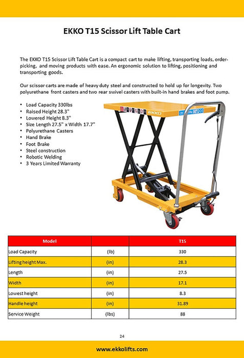 EKKO T15 | Scissor Lift Table Cart | 330 lbs Capacity